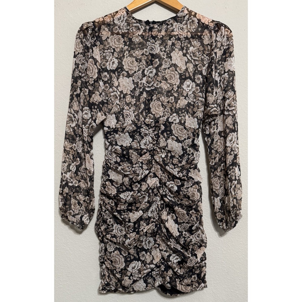Zara Women's Dress Ruched Metallic & Floral Print Small Romantic Partial-Sheer - Picture 4 of 10